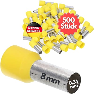 500 stuks Kalitec AE03408GE adereindhulzen geïsoleerd 0,34 mm² 8 mm lang geel I Made in Germany I Industriële kwaliteit