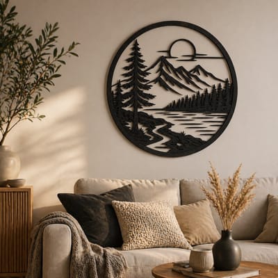 Houten Wanddecoratie Rond Zwart – Berglandschap met Zon en Bos – Natuur Muurdecoratie – Moderne Interieur Decoratie voor Woonkamer Slaapkamer Hal – Laser Gesneden Hout – Stijlvolle Wandhanger Cadeau