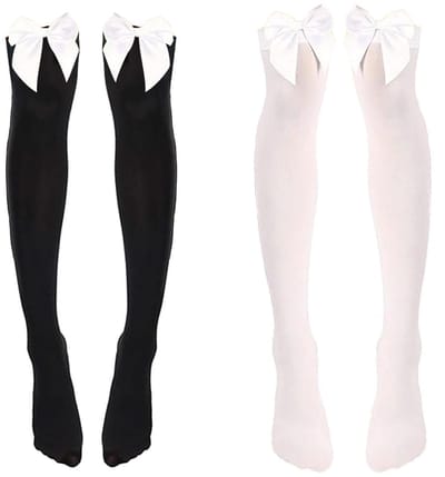 Dailygoods- Strikkousen Zwart/Wit - 2 Paar Dijhoge Kousen - Antislip Band - Ondoorzichtig Nylon - Comfortabele Draagervaring - Perfect voor Halloween/Valentijnsdag - Dijhoge Sokken