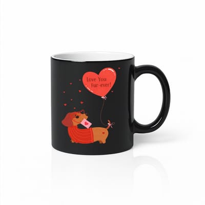 Love You Fur-ever Magic Mok 330ml – Warmtegevoelige Zwarte Keramische Koffiemok met Schattige Teckel & Hartballon – Romantisch Valentijnscadeau