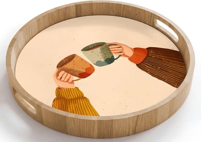 Dienblad rond 40x40 cm - Schootdienblad hout - Illustratie - Mokken - Proosten - Bruin - Borrelplank rechthoek - Plateau houten dienbladen