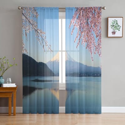 Mount Fuji Met Kersenbloesem Uitzicht Vanaf het Kawaguchikomeer Japan Transparante Gordijnen voor Kamer Slaapkamer Raam Voiles Tule Gordijn 135W x 114H(cm) gray