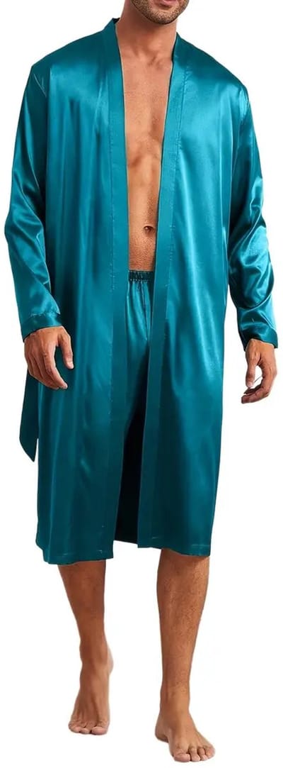 ochtendjas badjas heren blauw satijn sexy goedkoop huispak nachtkleding boxer