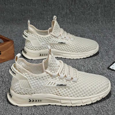 WTEMPO Heren Mesh Schoenen Zomer Hol Ademend Dikke Zool Platte Hak Effen Kleur Zachte Zool Antislip Veelzijdig Comfortabel Vetersluiting Casual Sneakers 44 beige