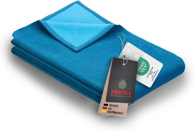Ibena Stockholm Organic Wool Blanket 140x200 cm - 100% Cotton, Made in Germany, Cotton Blanket Turquoise Blue Two-Tone
