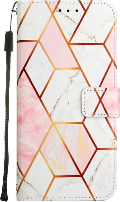 Peachy Rose Marble Wallet kunstleer hoesje geschikt voor iPhone 14 - wit en roze