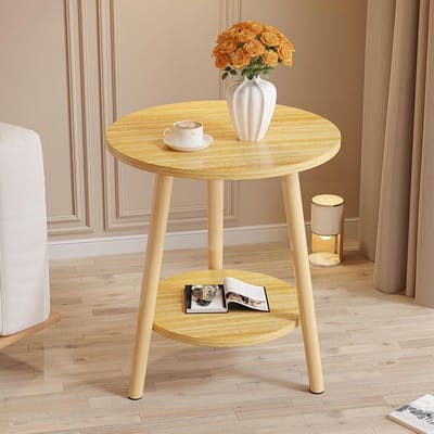 Ronde bijzettafel - Tafel met 2 niveaus - Opbergen en decoreren - Massief houten poten - 50 cm - Houtkleur