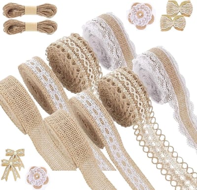 Natuurlijke Jute Lint met Kant: 8 Rollen Jute Lint, Cadeaulint, 2 Stuks van 20m Jute Touw, Canvas Kant Tape voor Kerst, Bruiloft, Feest en Thuisdecoratie