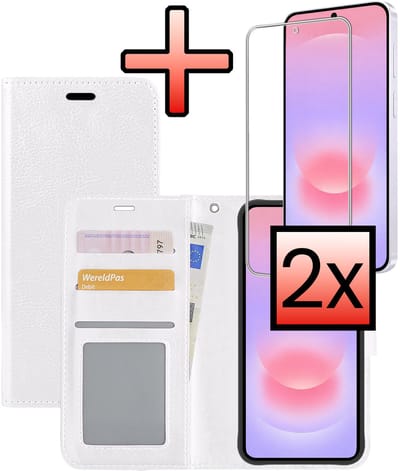 Hoesje - Met 2x Screenprotector - Geschikt voor Samsung Galaxy A37 - Luxe Pasjeshouder - Bookcase Portemonee - Flip Case - Kunstleer Book Case - Flipcase Hoes - Book Cover - Walletcase - Portemonneehoes - Wit