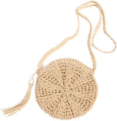 Rieten schoudertas voor vrouwen, strand-ronde stro-crossbody-tas met kwast, geweven handgemaakte hengseltas met ritssluiting, zomer-strand-stro-handtassen met Boheemse portemonnee, beige