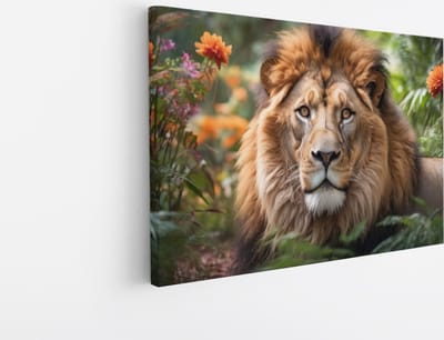 Saammp Canvas Schilderij - Leeuw tussen de oranje bloemen - Natuur - Dieren - 45x30 - Foto op canvas - Wanddecoratie - Muurdecoratie Woonkamer - Slaapkamer decoratie - Canvas Print