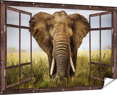 Gards Tuinposter Doorkijk Olifant in het Wild - Kleur - 180x120 cm - Tuindoek - Tuindecoratie - Wanddecoratie buiten - Tuinschilderij
