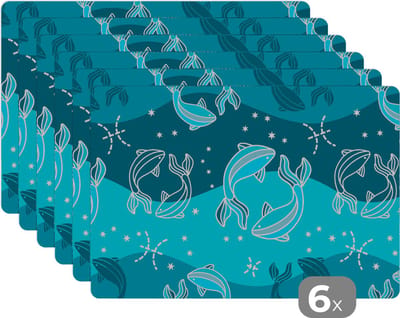 Placemat - Placemats kunststof - Vissen - Zodiac - Design - 45x30 cm - 6 stuks - Hittebestendig - Anti-Slip - Onderlegger - Afneembaar