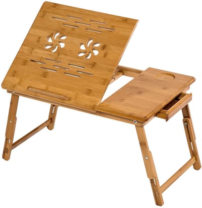 tectake®- Laptoptafel - Notebooktafel voor bed - Opklapbaar en in hoogte verstelbaar - 4 hellingshoeken - Met lade voor kleine spullen - Bamboehout - Luchtsleuven voor koeling - 55x35 cm