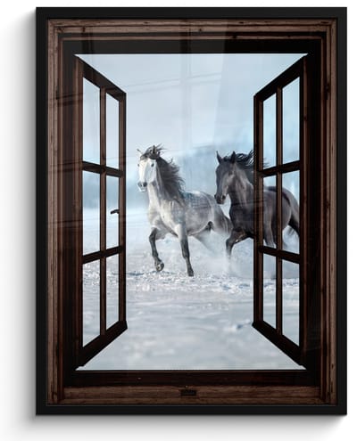 Poster in lijst - Fotolijst 50x70 cm - Posters - Paarden - Winter - Dieren - Natuur - Doorkijk - Posterlijst zwart - Decoratie - Wanddecoratie woonkamer - Muurdecoratie slaapkamer