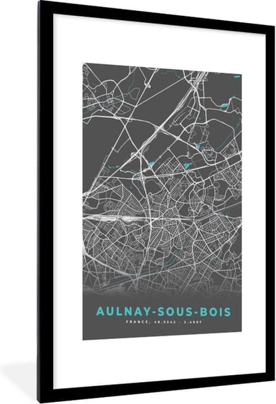 Fotolijst incl. Poster - Aulnay-sous-Bois - Frankrijk - Plattegrond - Kaart - Stadskaart - 60x90 cm - Posterlijst