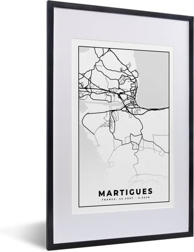 Fotolijst incl. Poster Zwart Wit- Kaart – Martigues - Stadskaart – Frankrijk – Plattegrond - Zwart wit - 40x60 cm - Posterlijst