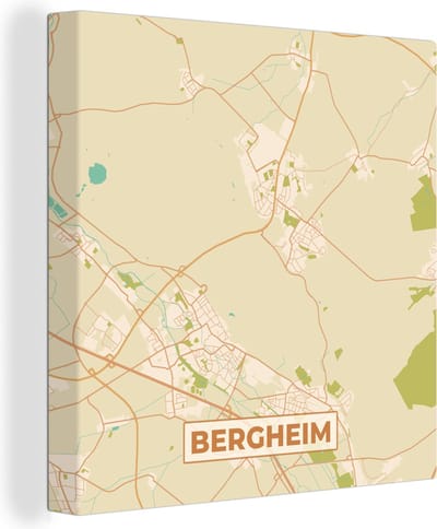 Canvas Schilderij Plattegrond - Bergheim - Vintage - Kaart - Stadskaart - 20x20 cm - Wanddecoratie