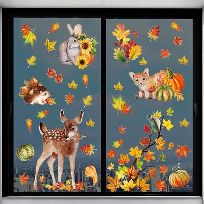 Herfstvensterdecoratie met 68 stuks, kleurrijke esdoornbladeren voor Thanksgiving, kinderkamer, café en winkelramen