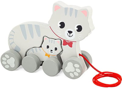 Trekdier Mam Poes & kitten – Hout – Grijs – 18 cm – Ulysse Couleurs d’Enfance