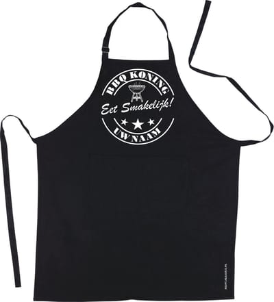 Mijncadeautje Schort - BBQ Koning - met voornaam - eet smakelijk - mooie en exclusieve keukenschort - zwart