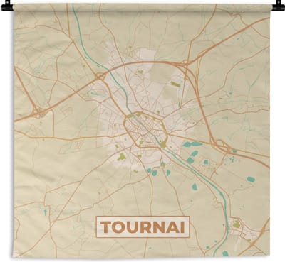 Wandkleed - Wanddoek - Retro - Tournai - Plattegrond - Stadskaart - Kaart - 180x180 cm - Wandtapijt