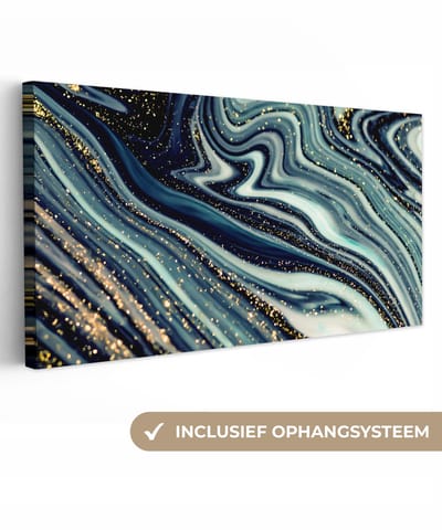 Canvas schilderij 40x20 cm - Wanddecoratie Marmer - Goud - Blauw - Glitter - Marmerlook - Abstract - Muurdecoratie woonkamer - Slaapkamer decoratie - Kamer accessoires - Schilderijen op canvas