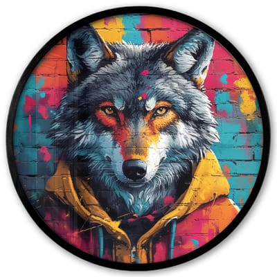 Poster in lijst Rond - Fotolijst 40x40 cm - Posters - Graffiti - Wolf - Street art - Blauw - Ronde posterlijst zwart - Decoratie - Wanddecoratie woonkamer - Muurdecoratie slaapkamer