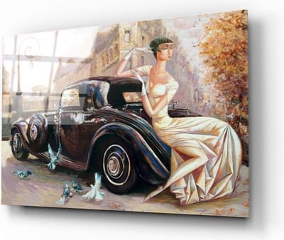 Insigne Glazen Schilderijen - Oldtimer - Vrouw - Glasschilderij - 110x70 cm - 4 mm