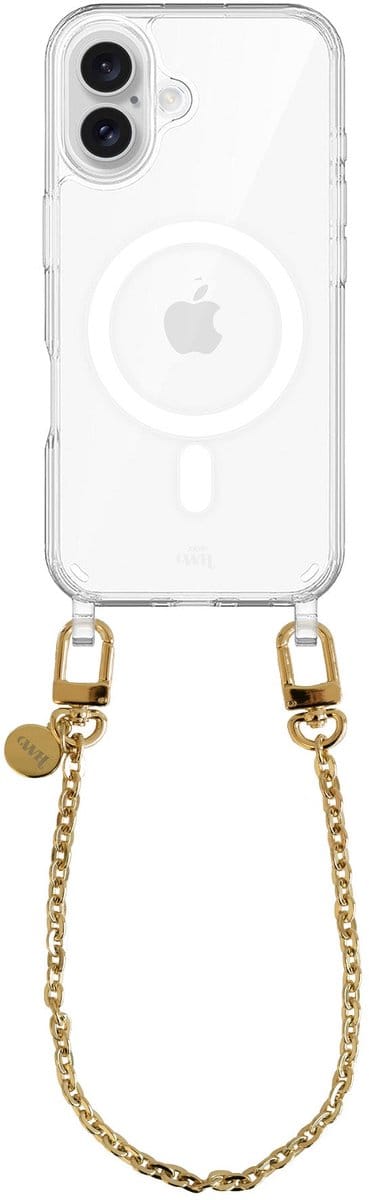 xoxo Wildhearts magnetisch hoesje geschikt voor iPhone 17 MagSafe - Dreamy - Transparant telefoonhoesje met koord - Telefoonkoord - Gouden schakelketting - Kort koord