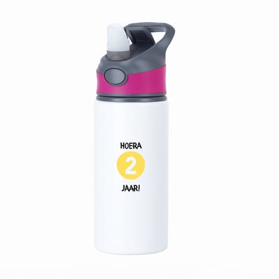 Hacebo® - Hoera 2 jaar waterfles met rietje roze - Verjaardag - Jarigen - Verjaardagscadeau - peuter - Happy birthday - water fles - 650ML