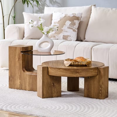 DESMIU Ronde Salontafel Set - 2 In 1 Design Met Afneembare Bijzettafels - Voor Woonkamer En Balkon - MDF En Getint Veiligheidsglas - 61 En 44 Cm - Bruin Houtlook