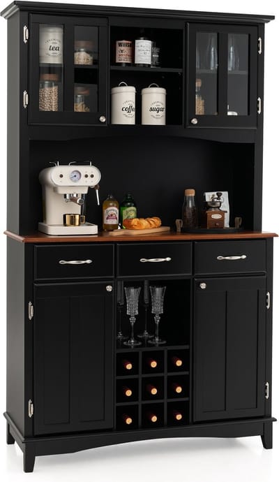 COSTWAY Keukenkast, keukenbuffet met 3 laden, wijnrek, open planken en werkblad, buffetkast, hoge kast met verstelbare planken, 112 x 43 x 184,5 cm, zwart