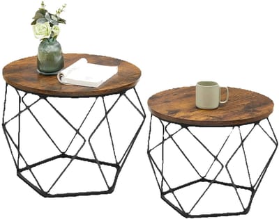 Jurrys Salontafel Set van 2 – Ronde Bijzettafels Industrieel – Bruin Hout & Zwart Staal – Compact 50 cm & 40 cm - Decoratie