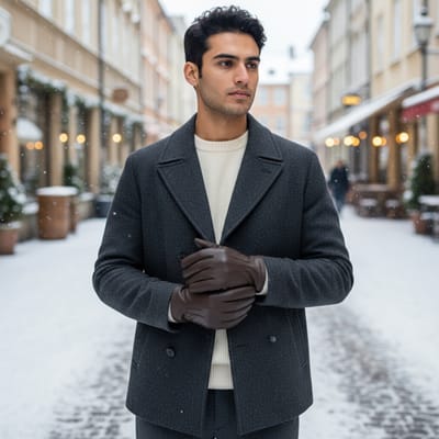 Herenhandschoenen van bruin Italiaans leer met warme wollen voering en wintersteekmotief voor rijden en casual rijden