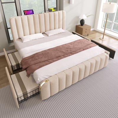 Gestoffeerd bed 180x200 cm - hoofdeinde met gouden sierstrips - USB Type-C oplaadfunctie - met 4 lades - beige - zonder matras