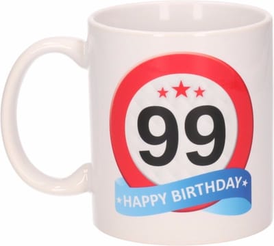 Beallatio Decorations - 99 jaar Verjaardag koffiemok - cadeau beker - stopbord print met happy birthday - 300 ml - keramiek - wit