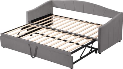 Merax Slaapbank 90/180x200 cm - Uitschuifbed - Velvet Grijs - met Lattenbodem