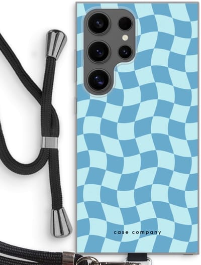 Case Company® - Hoesje met koord geschikt voor Samsung Galaxy S24 Ultra hoesje met Koord - Grid Blauw - Telefoonhoesje met Zwart Koord - Bescherming aan alle Kanten en Over de Schermrand