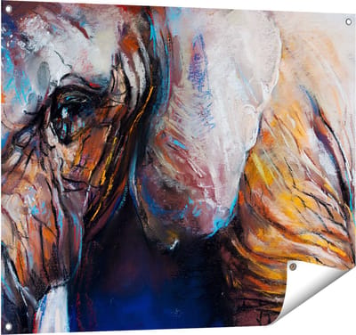 Gards Tuinposter Getekende Olifant van Dichtbij - Abstract - 100x80 cm - Tuindoek - Tuindecoratie - Wanddecoratie buiten - Tuinschilderij