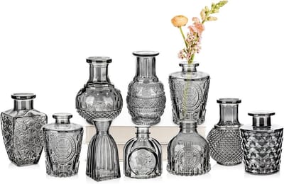 Set van 10 Kleine Glazen Vazen voor Bloemdecoratie, Vintage Tafeldecoratie en Centerpieces voor Bruiloften en Woonkamers