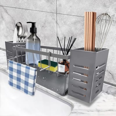 Keukenafvalbak met Automatische Afvoer, Organiser voor Keukens, Grijs met Afvoer, Handdoekhouder en 2 Bestekmanden, Ideaal voor Keuken en Afwasruimte