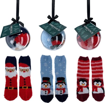 Sukats® 3 Paar Kerst Huissokken - Kerstsokken in Kerstbal - Leuk voor aan de Kerstboom - Maat 37-43 - One-Size - Antislip sokken - Fluffy - Dames Huissokken - Kerst - Slofsokken - Verwarmde Sokken