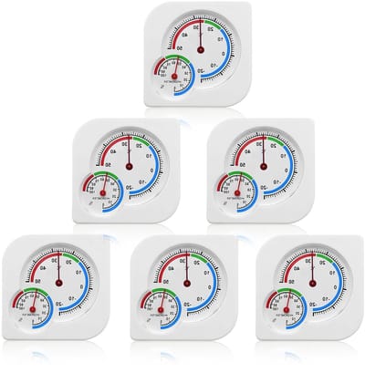 6-delige Analoge Thermo-Hygrometer Set: 7,5 x 7,5 cm, Temperatuur- en Vochtigheidsmeter voor Binnen en Buiten, Ideaal voor Huizen en Kassen