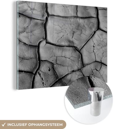 Glasschilderij - Zwart - Wit - Klei - Steen - 160x120 cm - Schilderij glas - Kamerdecoratie