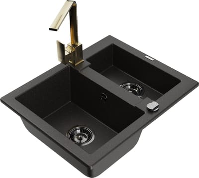 Mexen Carlos granieten spoelbak 1,5-compertiment met keukenkraan Rita, zwart/goud metallic - 6518-75-670300-50-B