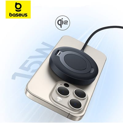 Baseus 15W magnetische draadloze oplader Qi2 gecertificeerd snel opladen Ingebouwde standaard telefoonoplader voor iPhone 16 15 14 13 Pro Max