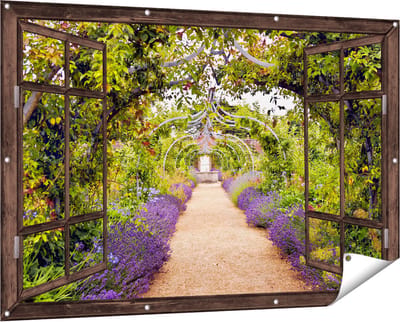 Gards Tuinposter Doorkijk Lavendel Pad - 150x100 cm - Tuindoek - Tuindecoratie - Wanddecoratie buiten - Tuinschilderij