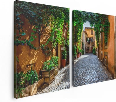 Artaza Canvas Schilderij Tweeluik Straatje in Rome met Groene Planten - 120x80 - Foto Op Canvas - Canvas Print