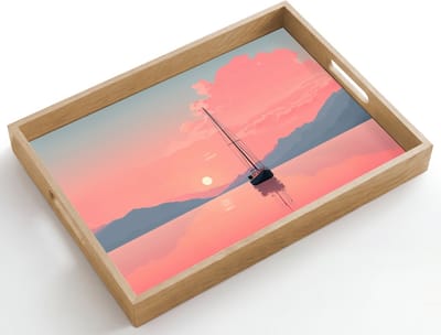 Dienblad hout 50x35 cm - Schootdienblad - Zeilboot - Roze zee - Zonsondergang - Bergen - Borrelplank rechthoek - Plateau dienbladen